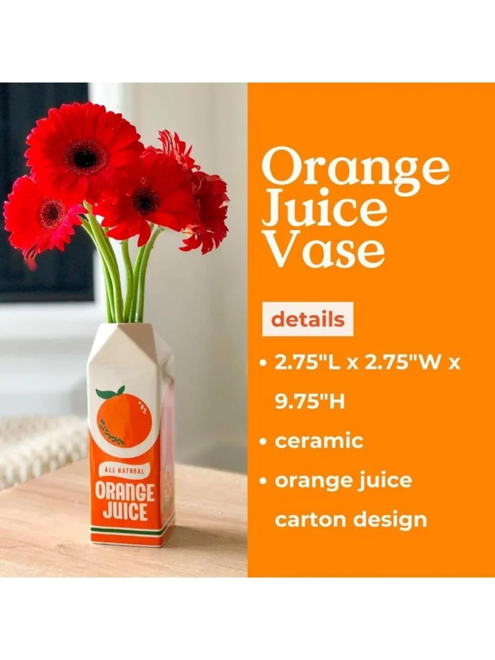 Retro-Inspired Ceramic Flower Vase - Fun OJ Carton Design for Home Decor